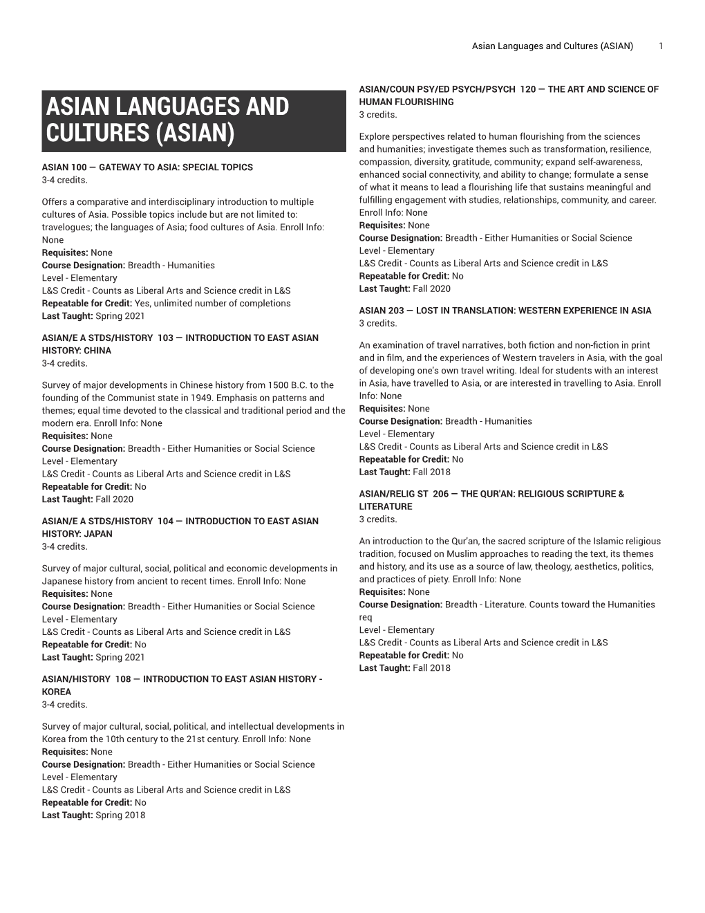 Asian Languages and Cultures (ASIAN) 1
