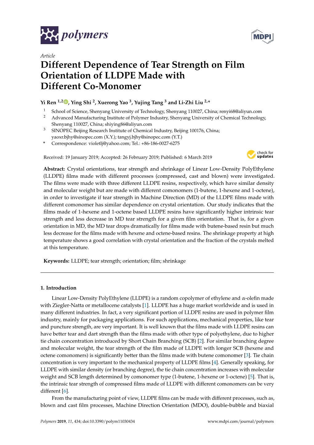 Different Dependence of Tear Strength on Film Orientation of LLDPE Made with Different Co-Monomer