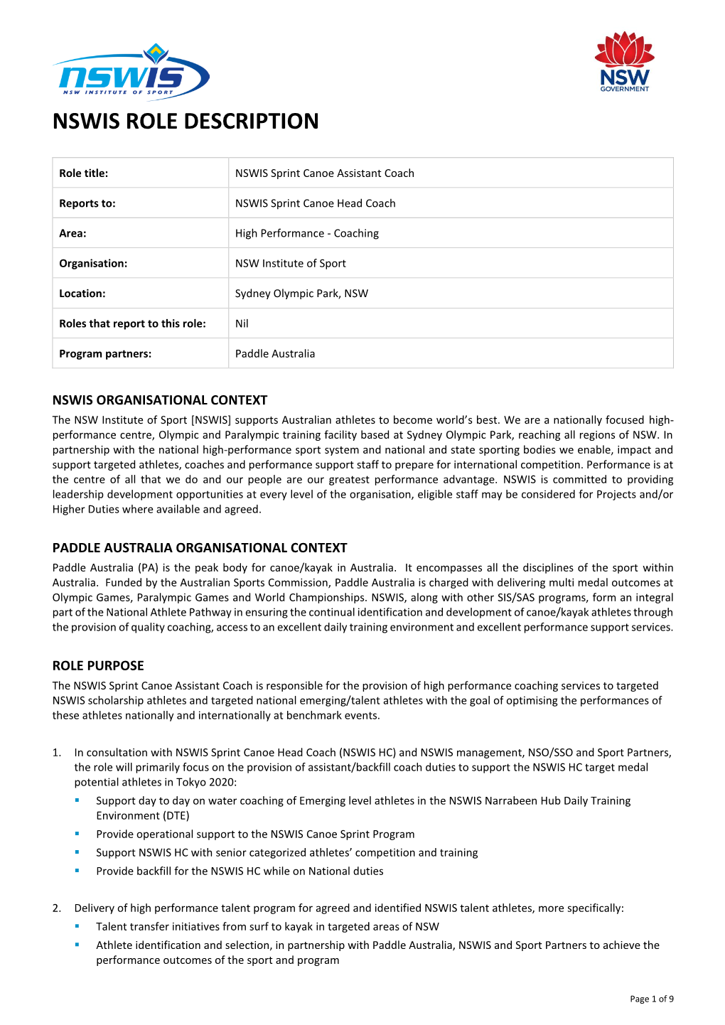 Assistant Coach EI NSWIS Sprint Canoe 2018