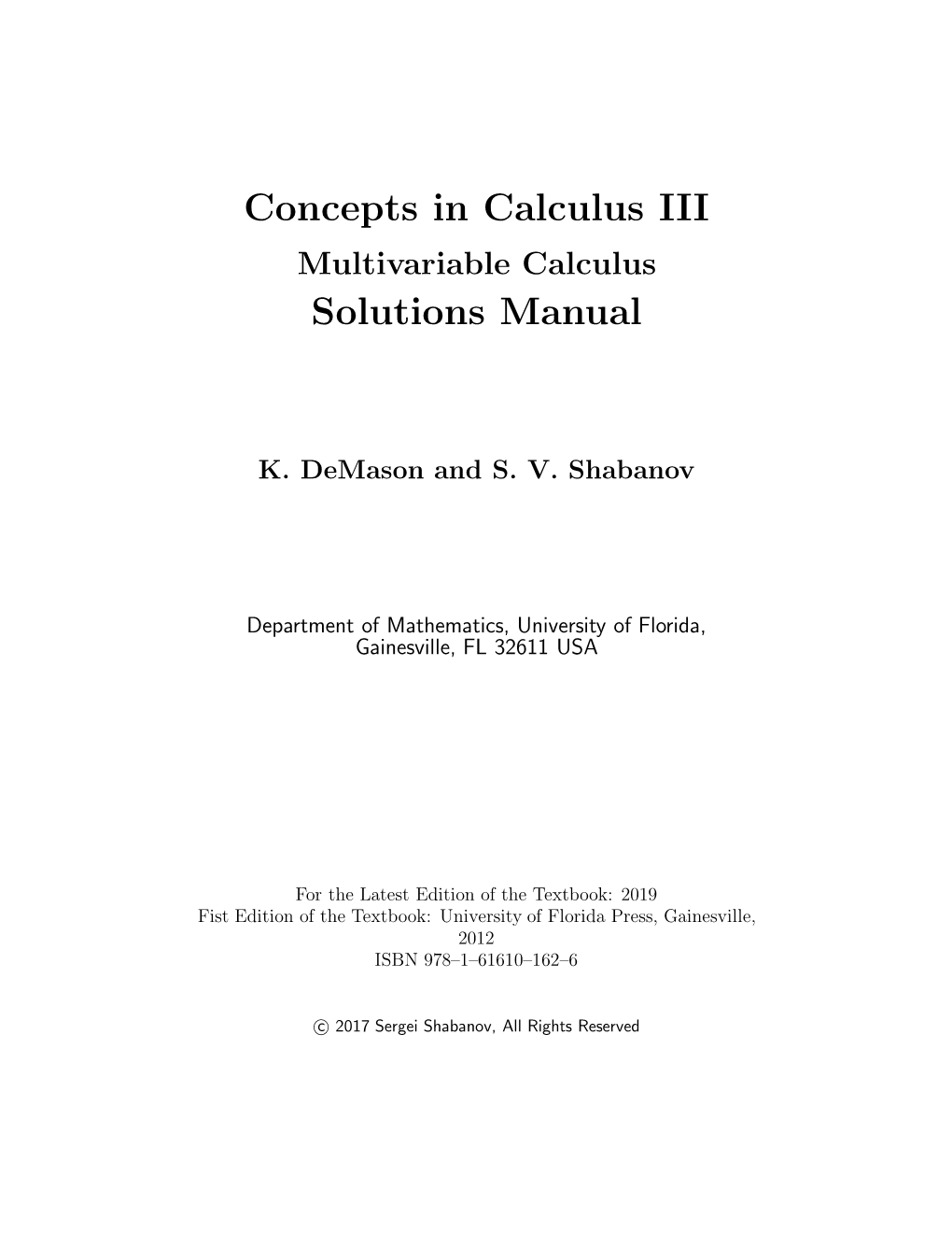 Concepts in Calculus III Solutions Manual