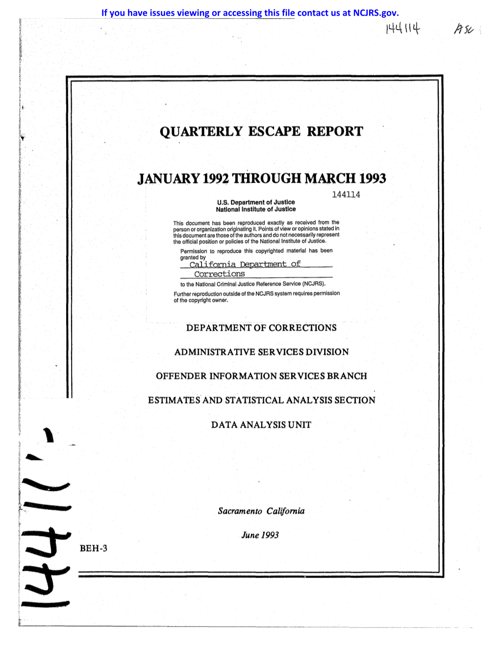 Quarterly Escape Report January 1992 Through March 1993