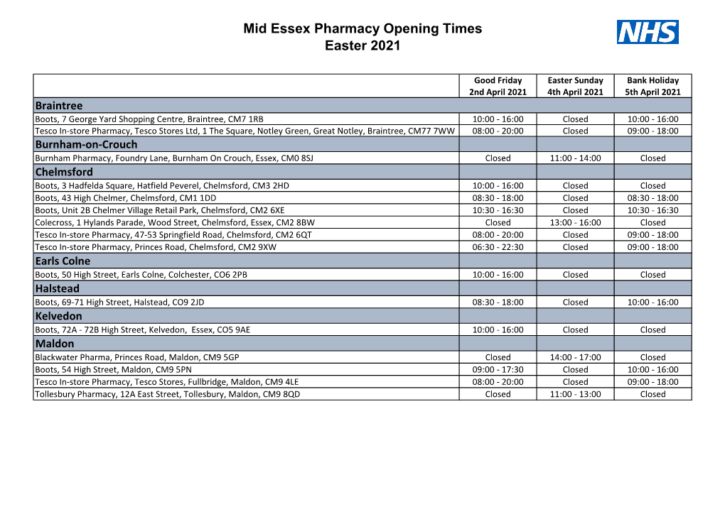 Mid Essex Pharmacy Opening Times Easter 2021