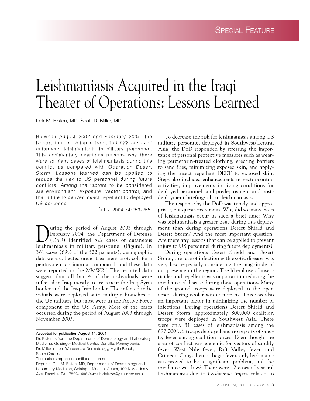 Leishmaniasis Acquired in the Iraqi Theater of Operations: Lessons Learned