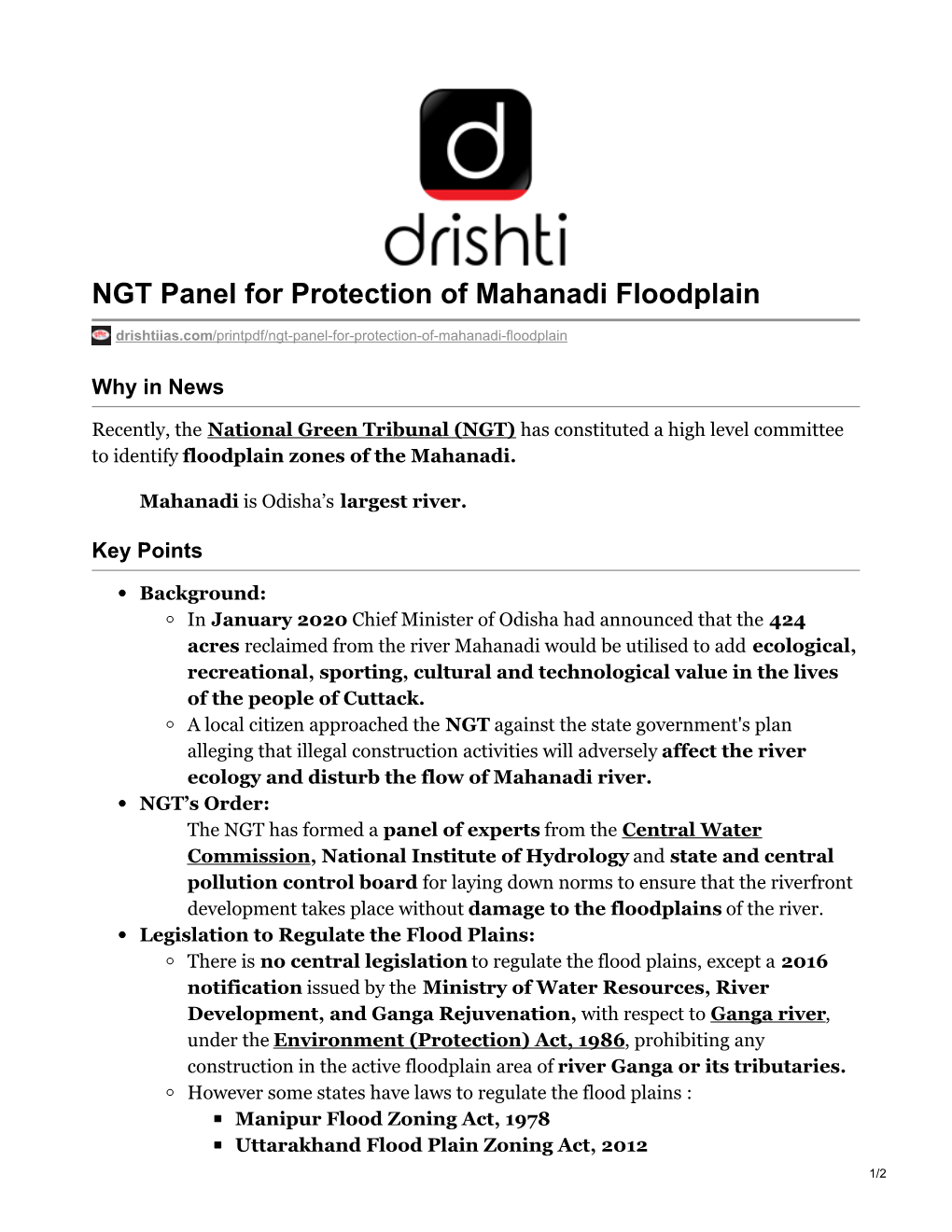 NGT Panel for Protection of Mahanadi Floodplain