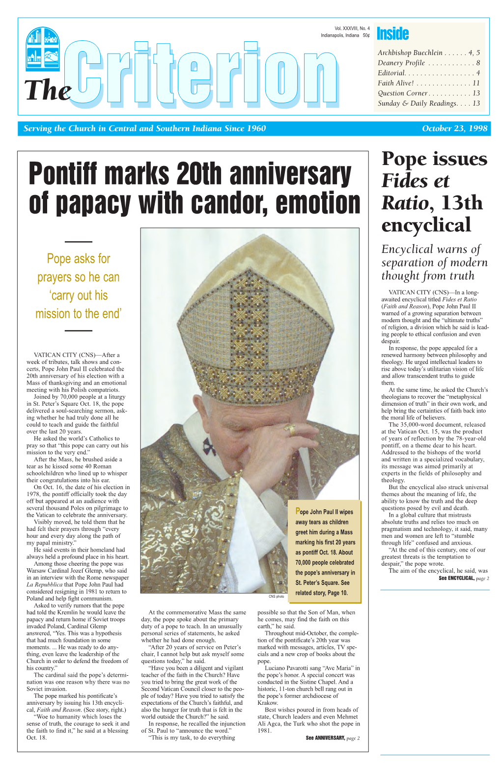 Pontiff Marks 20Th Anniversary of Papacy with Candor, Emotion