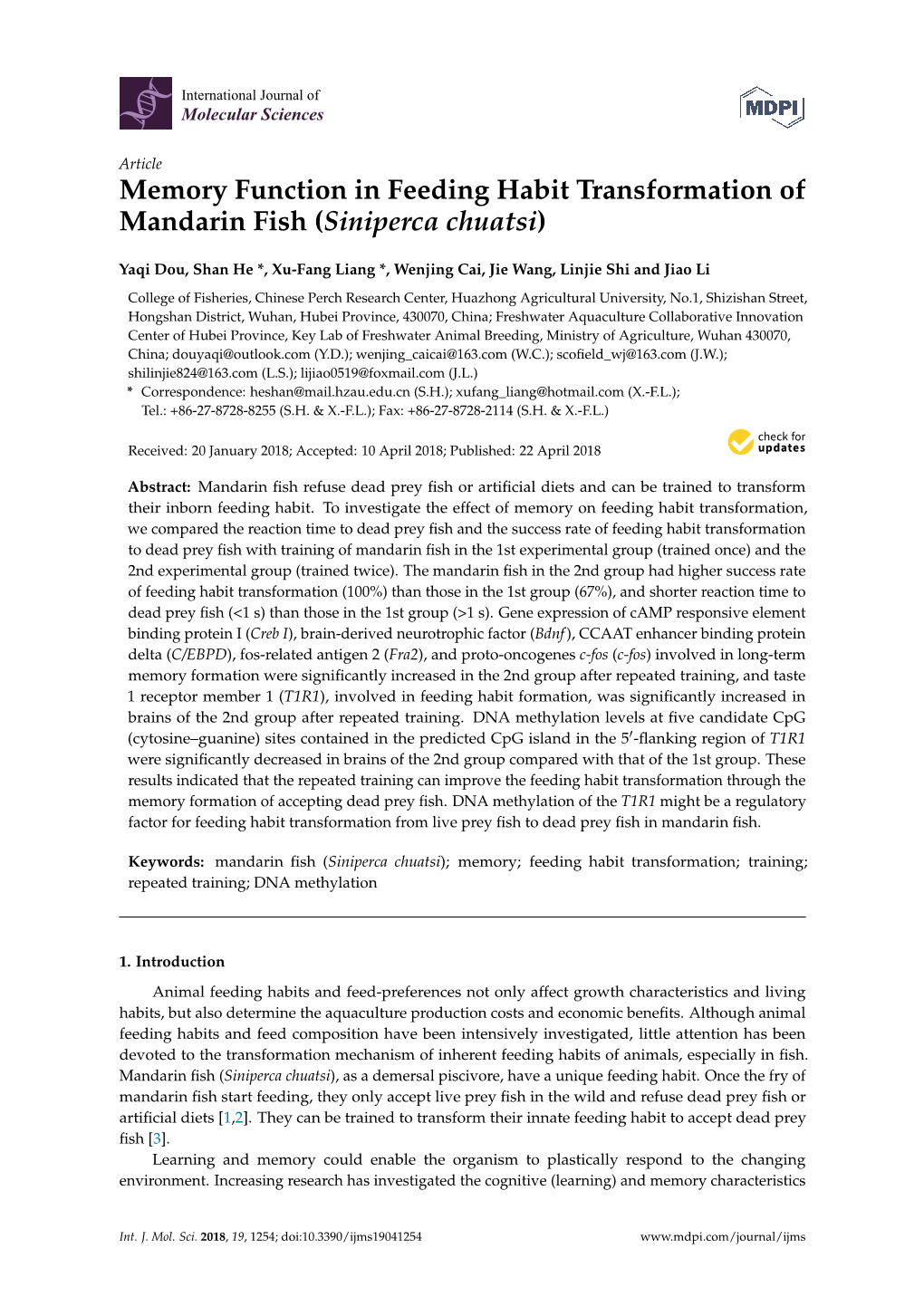 Memory Function in Feeding Habit Transformation of Mandarin Fish (Siniperca Chuatsi)