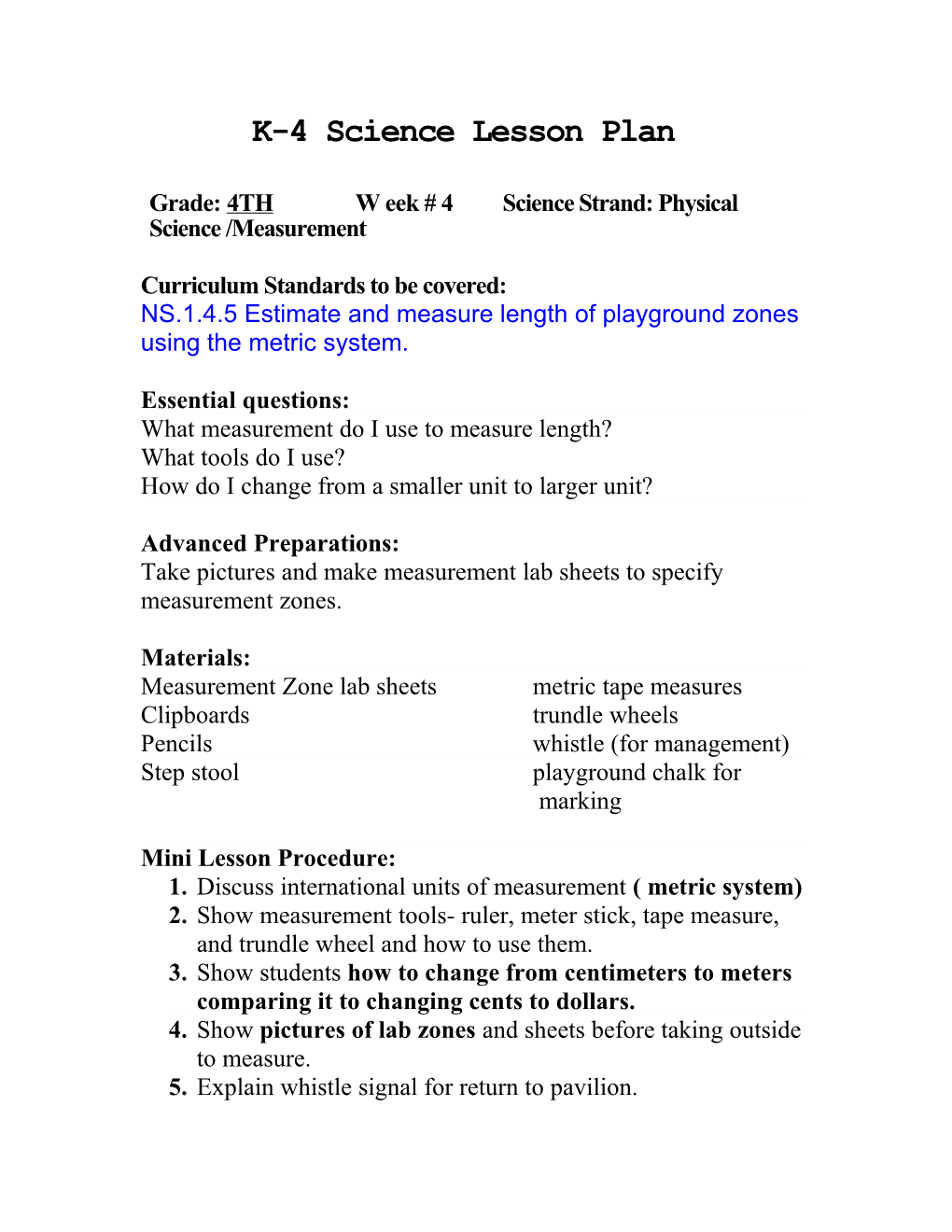 Grade: 4TH W Eek # 4 Science Strand: Physical Science /Measurement