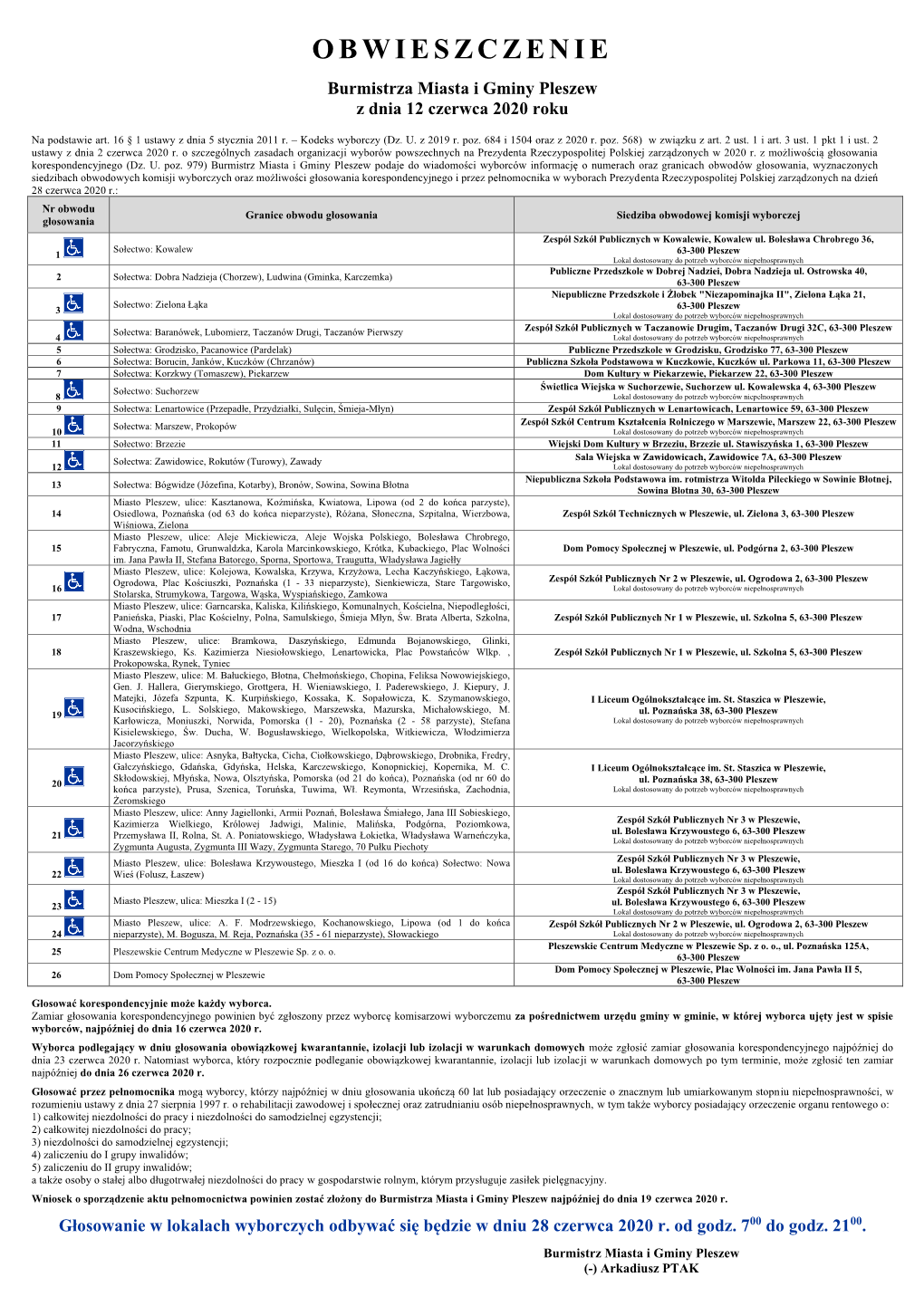 OBWIESZCZENIE Burmistrza Miasta I Gminy Pleszew Z Dnia 12 Czerwca 2020 Roku