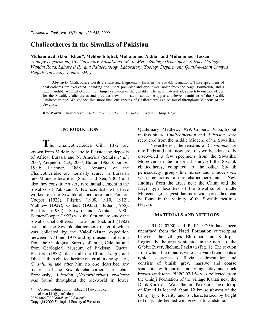 Chalicotherium from the Chinji Formation of the Siwaliks, a Note On