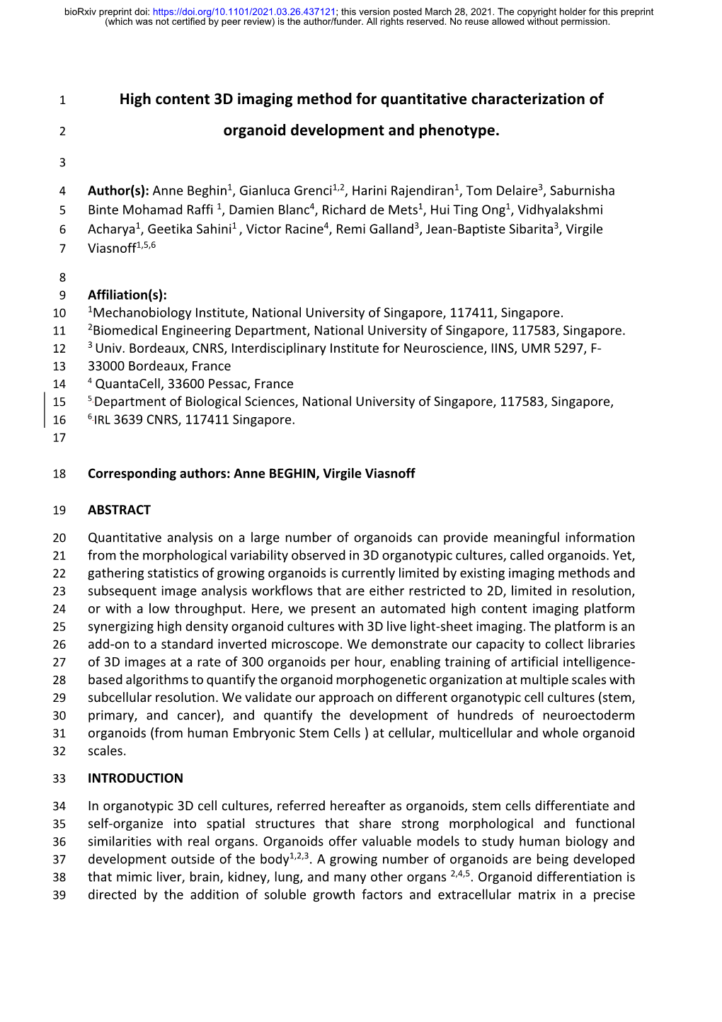 High Content 3D Imaging Method for Quantitative Characterization Of