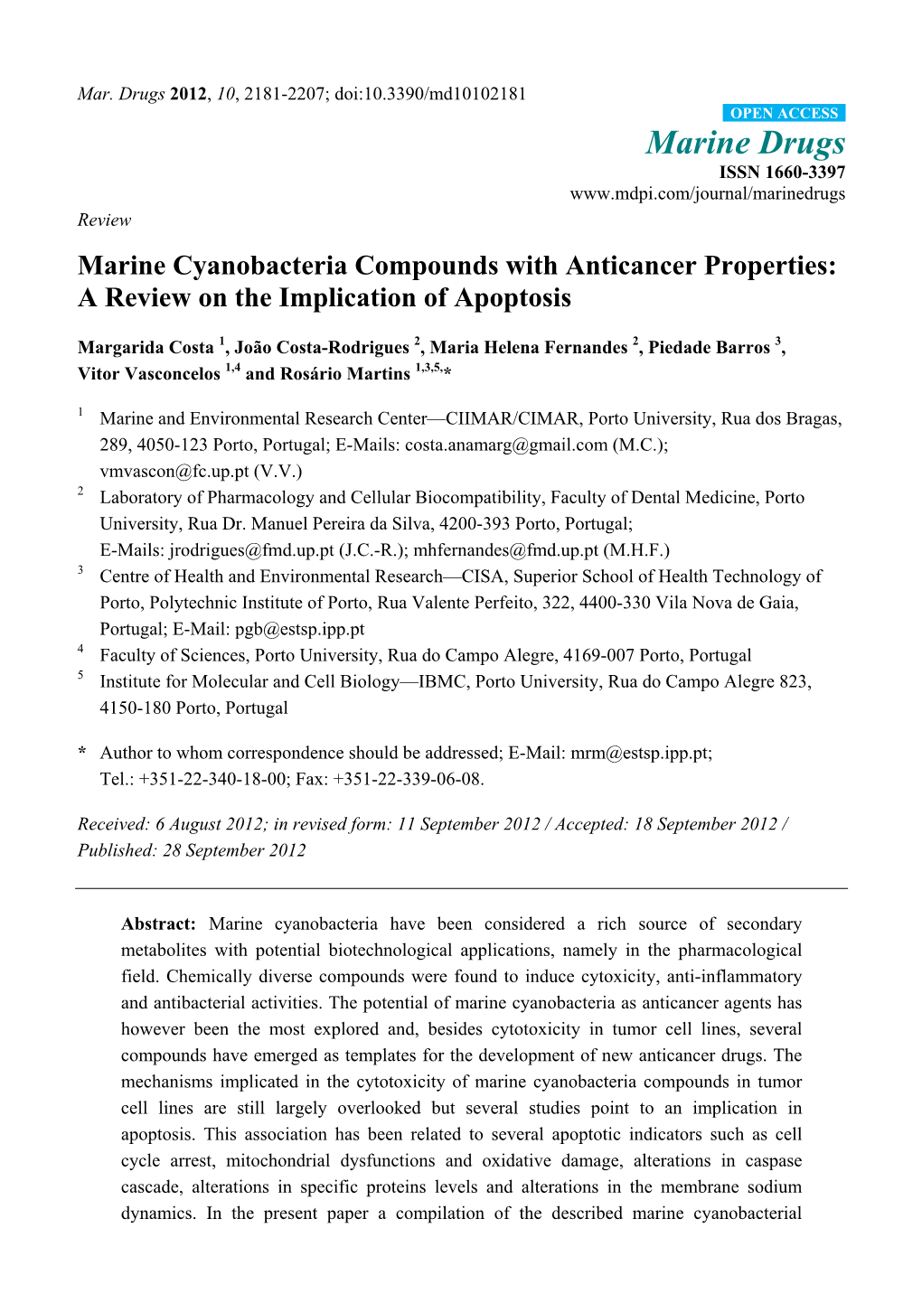 Marine Cyanobacteria Compounds with Anticancer Properties: a Review on the Implication of Apoptosis