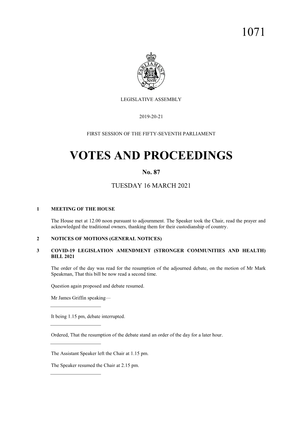 1071 Votes and Proceedings