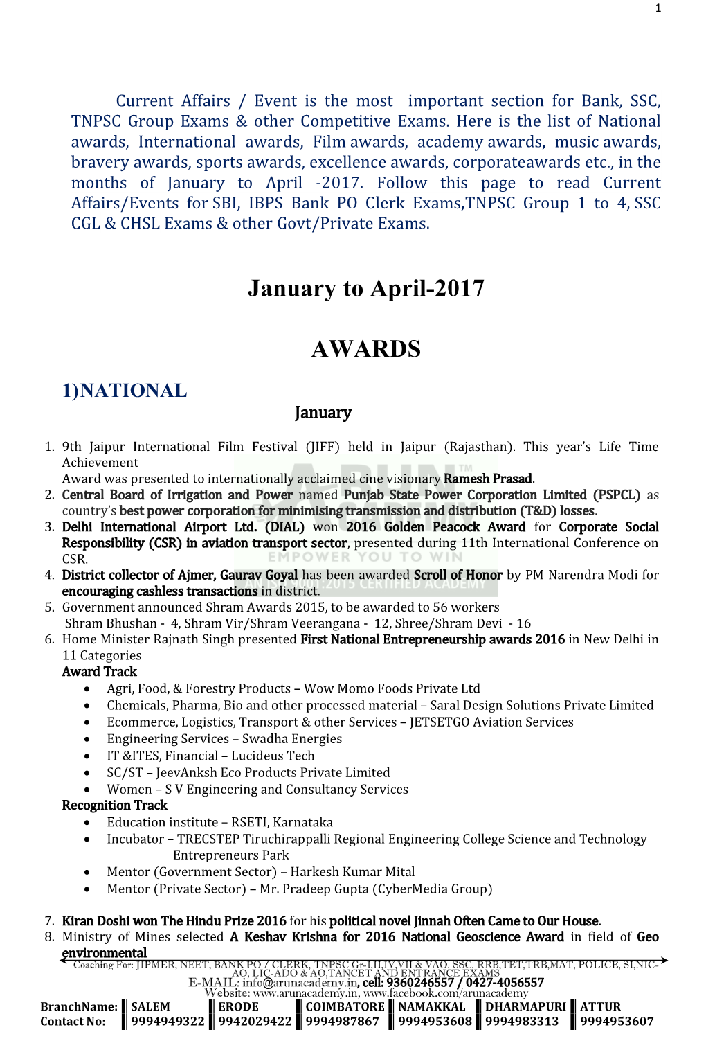 January to April-2017 AWARDS