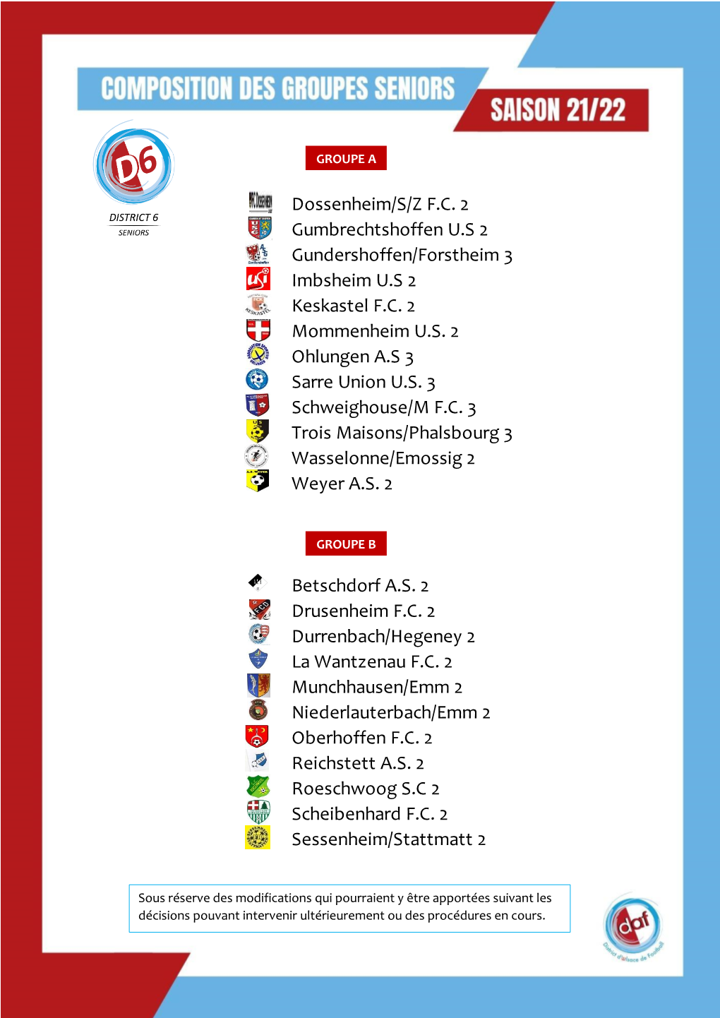 Dossenheim/S/Z F.C. 2 Gumbrechtshoffen U.S 2 Gundershoffen/Forstheim 3 Imbsheim U.S 2 Keskastel F.C