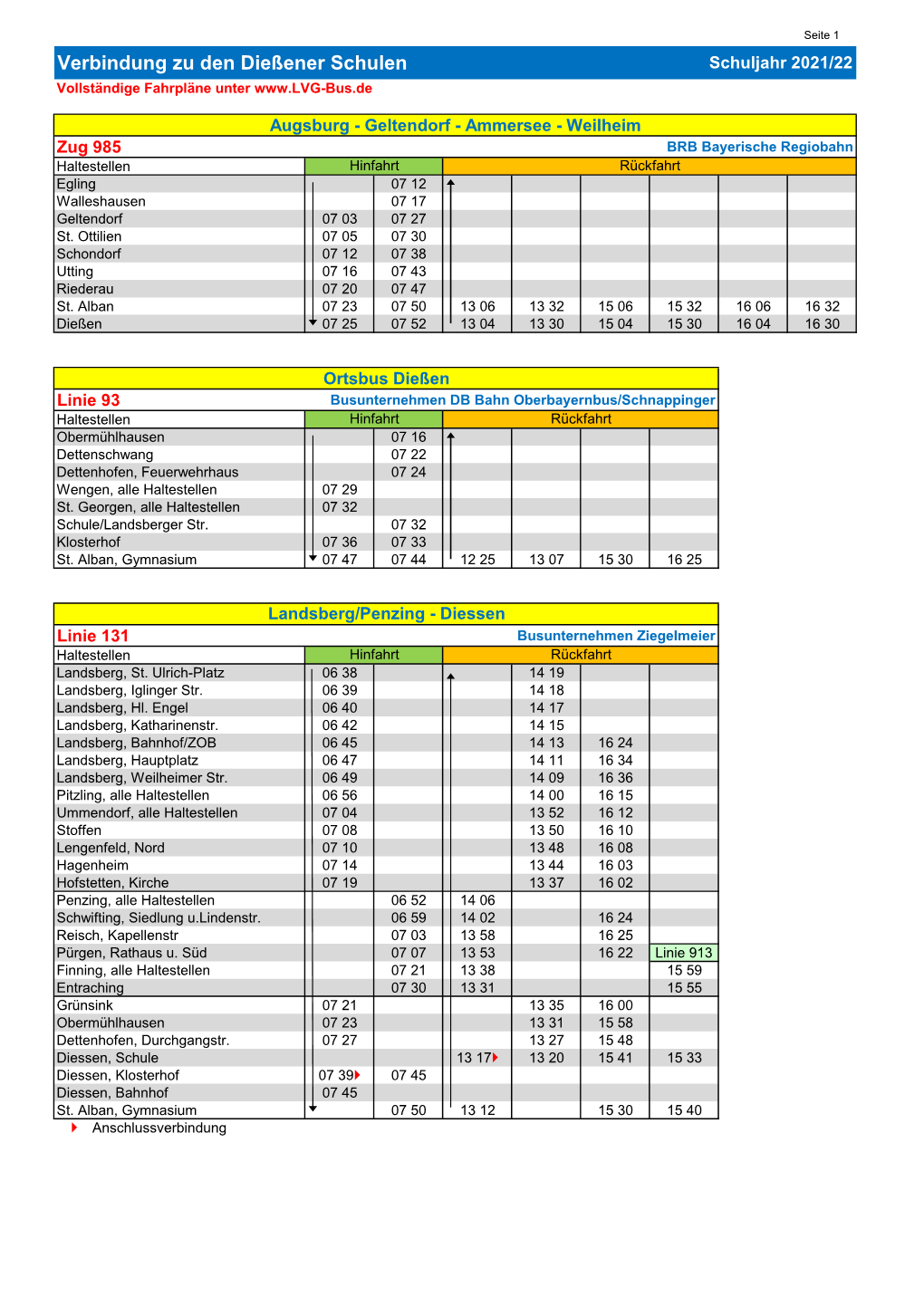 Verbindung Zu Den Dießener Schulen Schuljahr 2021/22 Vollständige Fahrpläne Unter
