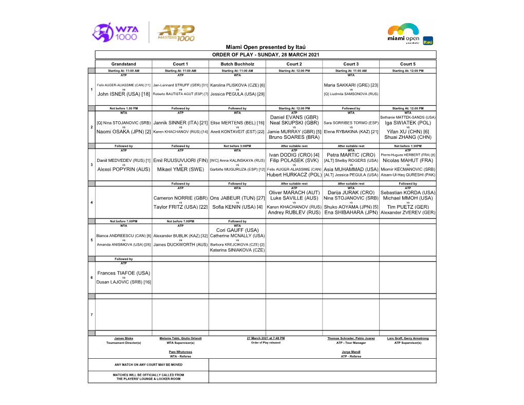 Miami Open Presented by Itaú ORDER of PLAY - SUNDAY, 28 MARCH 2021