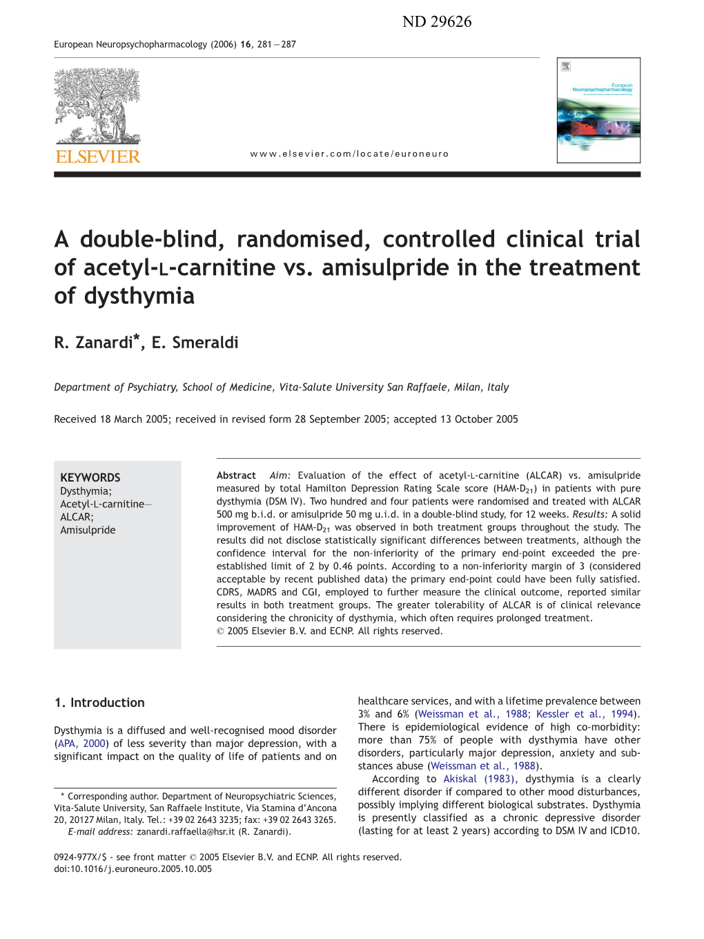 A Double-Blind, Randomised, Controlled Clinical Trial of Acetyl-L-Carnitine Vs