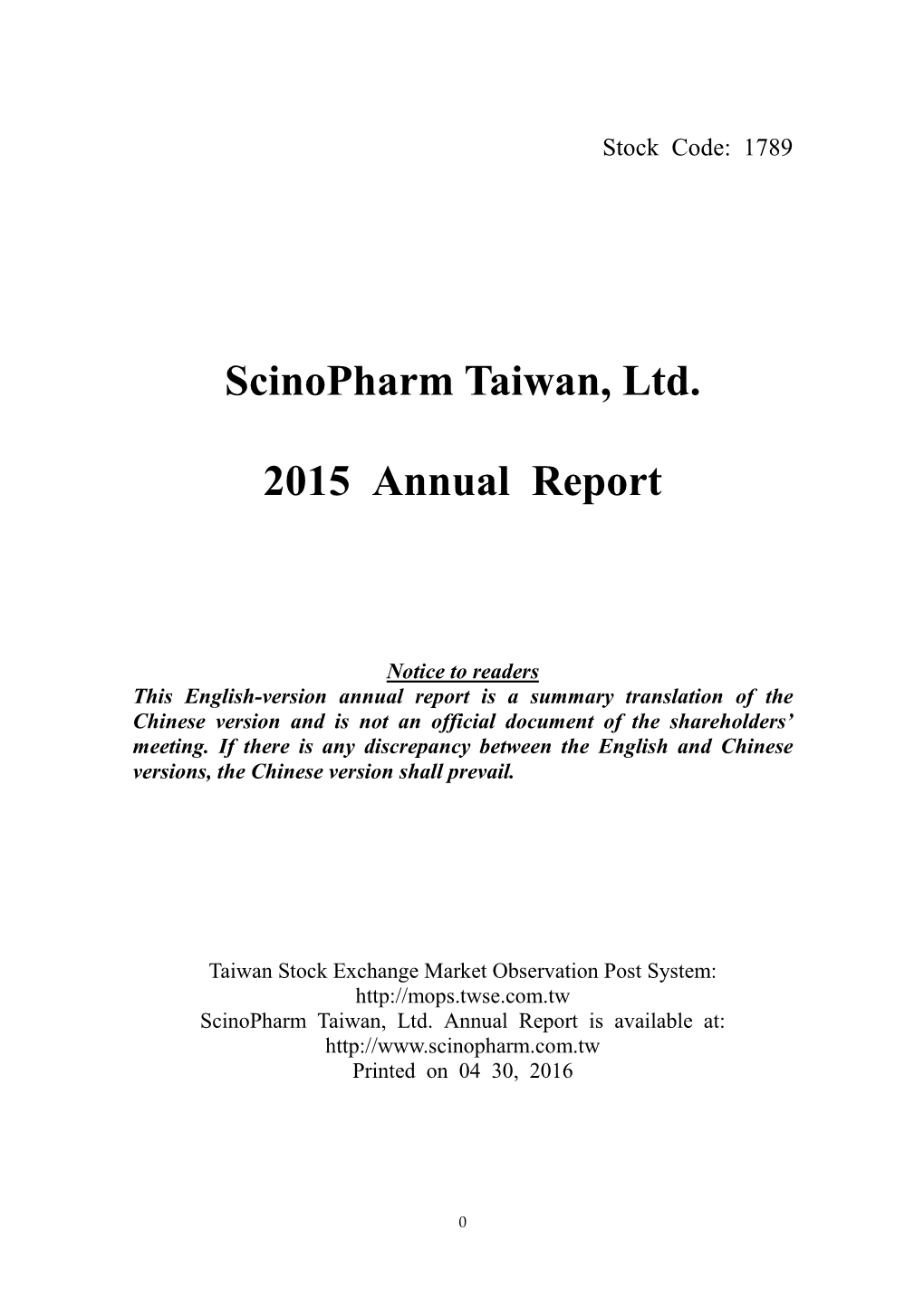 Scinopharm 2015 Annual Report(Translate) 1050619