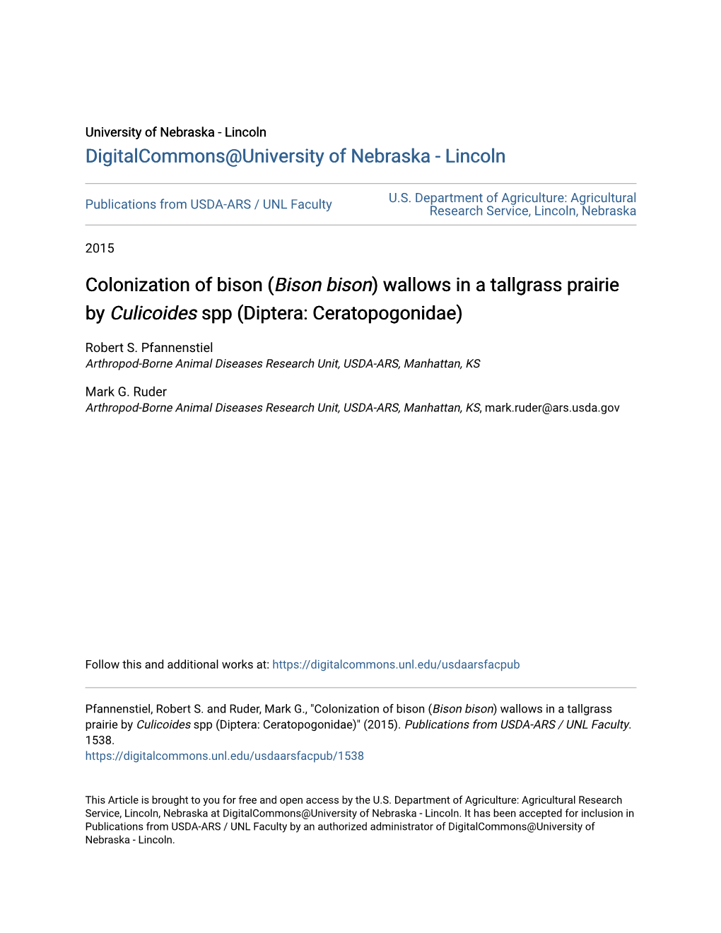 Bison Bison) Wallows in a Tallgrass Prairie by Culicoides Spp (Diptera: Ceratopogonidae)