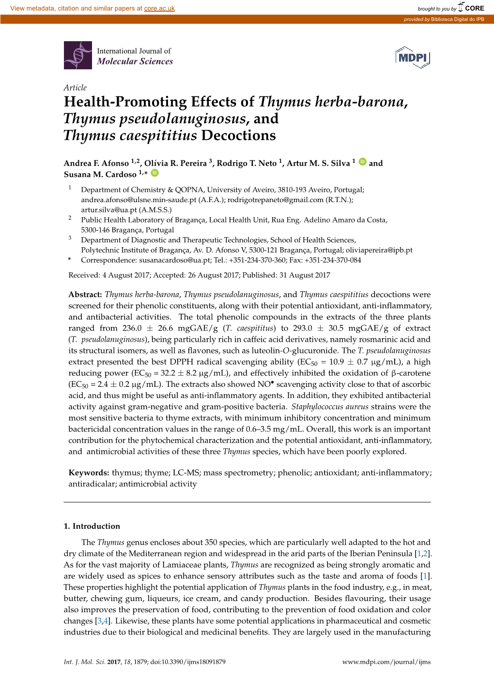 Health-Promoting Effects of Thymus Herba-Barona, Thymus Pseudolanuginosus, and Thymus Caespititius Decoctions