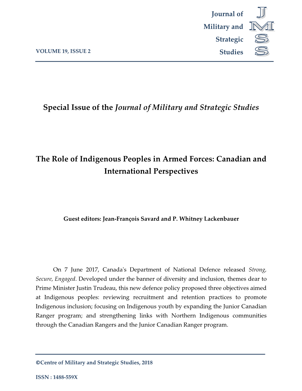 Special Issue of the Journal of Military and Strategic Studies the Role Of