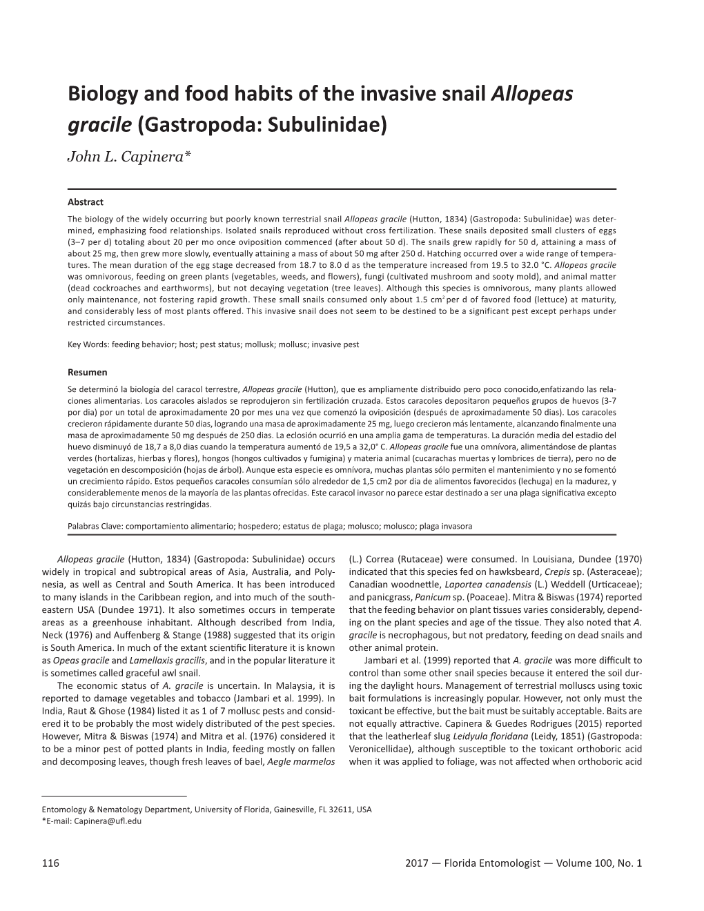 Biology and Food Habits of the Invasive Snail Allopeas Gracile (Gastropoda: Subulinidae) John L