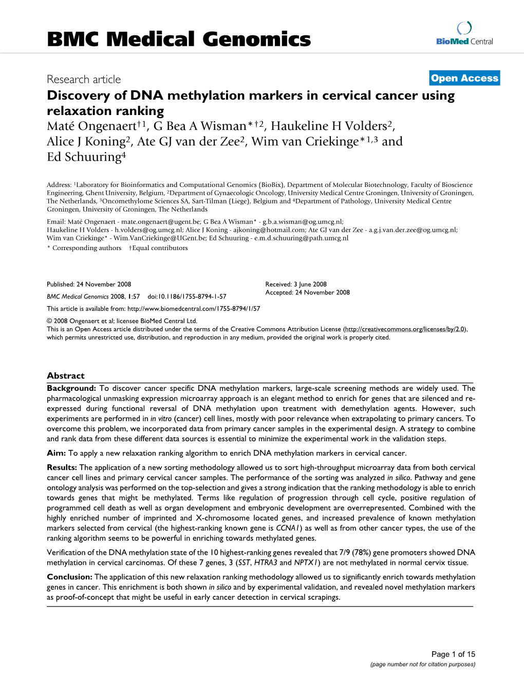 Discovery of DNA Methylation Markers in Cervical Cancer Using Relaxation