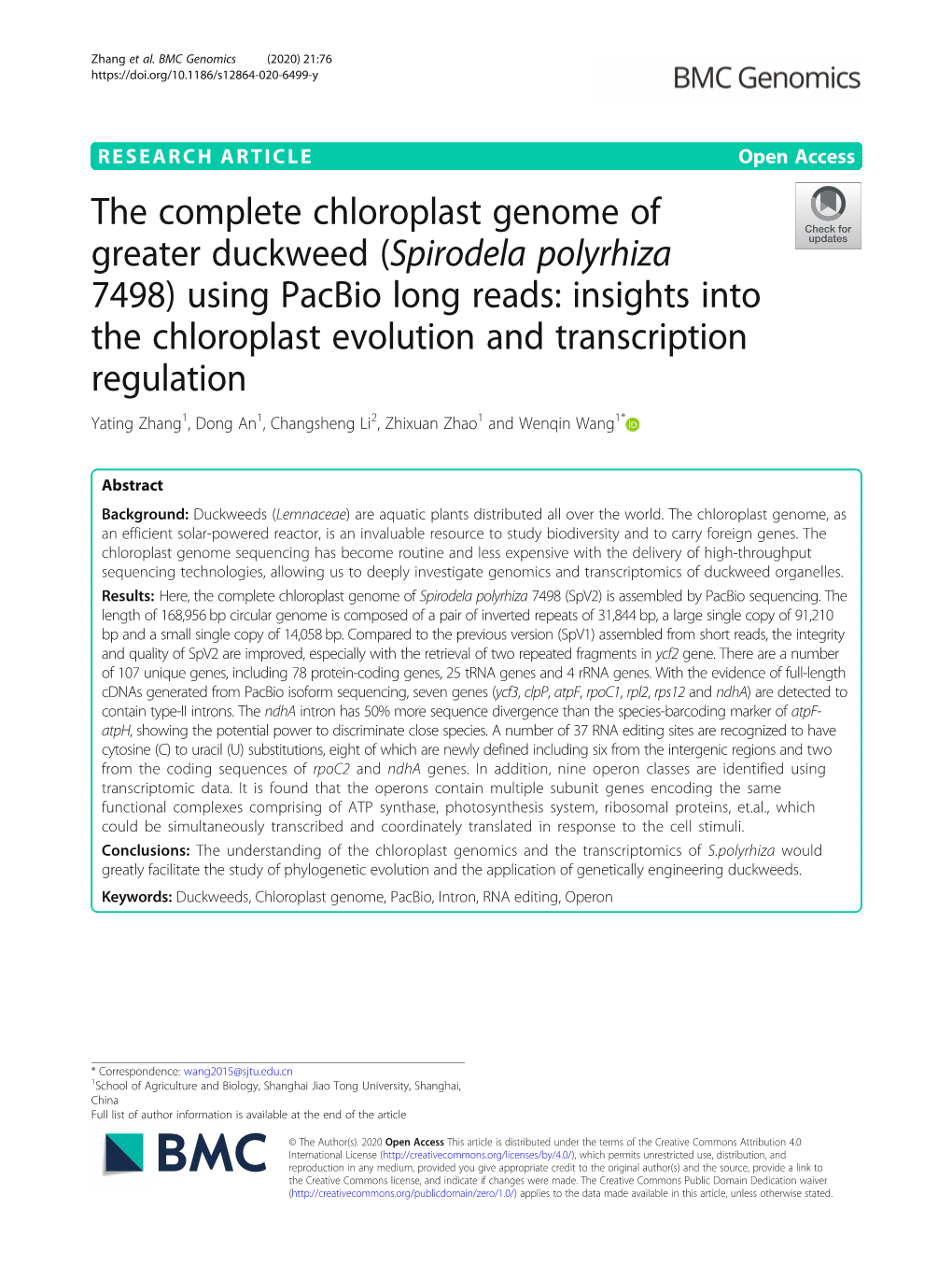 The Complete Chloroplast Genome of Greater Duckweed