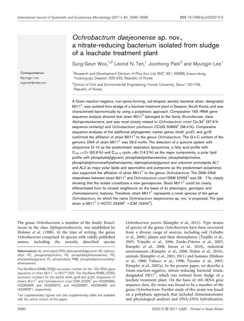 Ochrobactrum Daejeonense Sp. Nov., a Nitrate-Reducing Bacterium Isolated from Sludge of a Leachate Treatment Plant