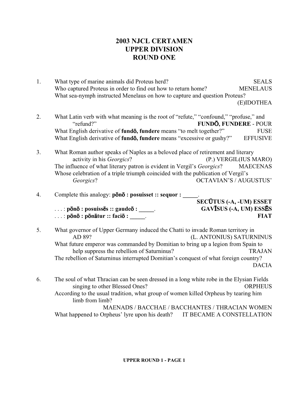 2003 Njcl Certamen Upper Division Round One