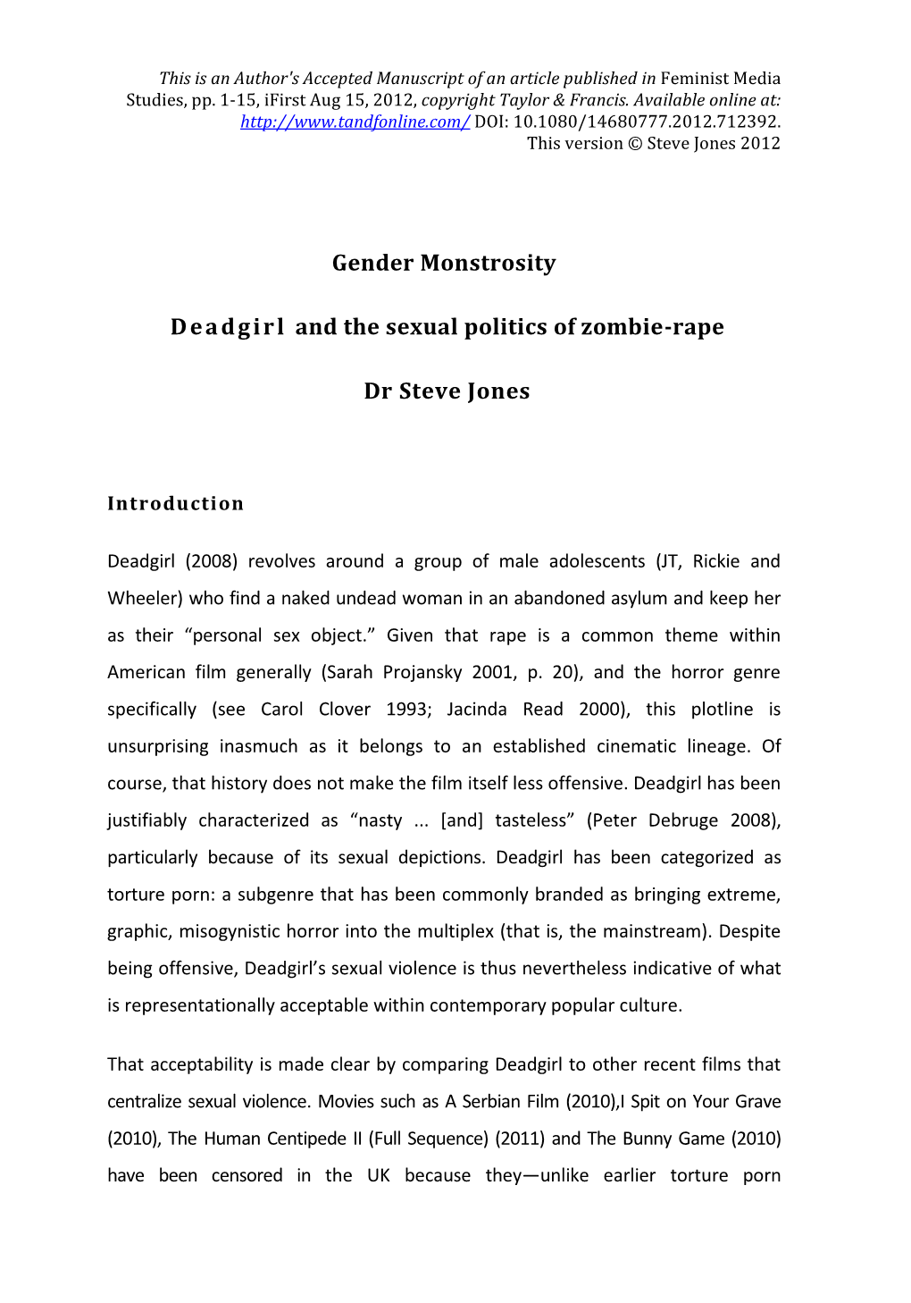 Gender Monstrosity Deadgirl and the Sexual Politics of Zombie-Rape Dr