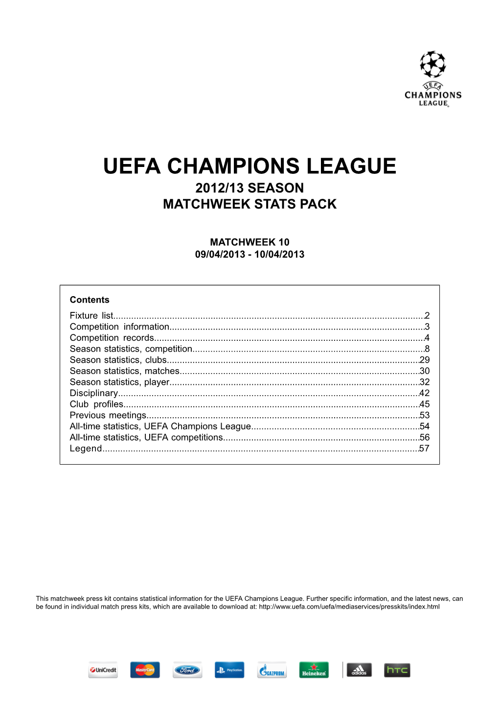 Uefa Champions League 2012/13 Season Matchweek Stats Pack