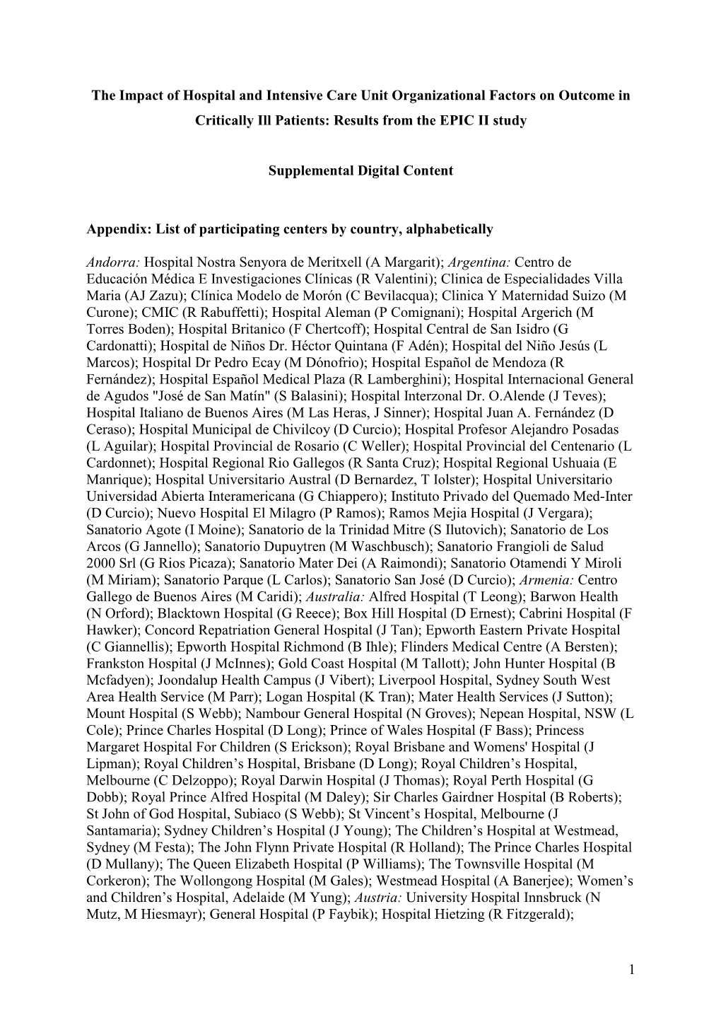 1 the Impact of Hospital and Intensive Care Unit Organizational Factors