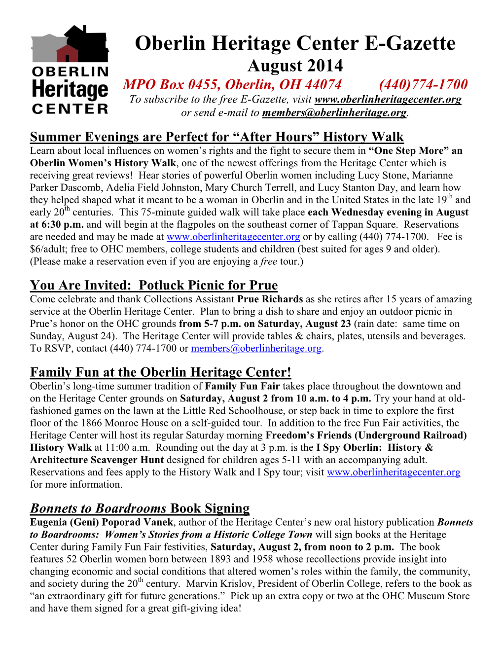 8/2/2014 Women's History Walks, Fall Calendar