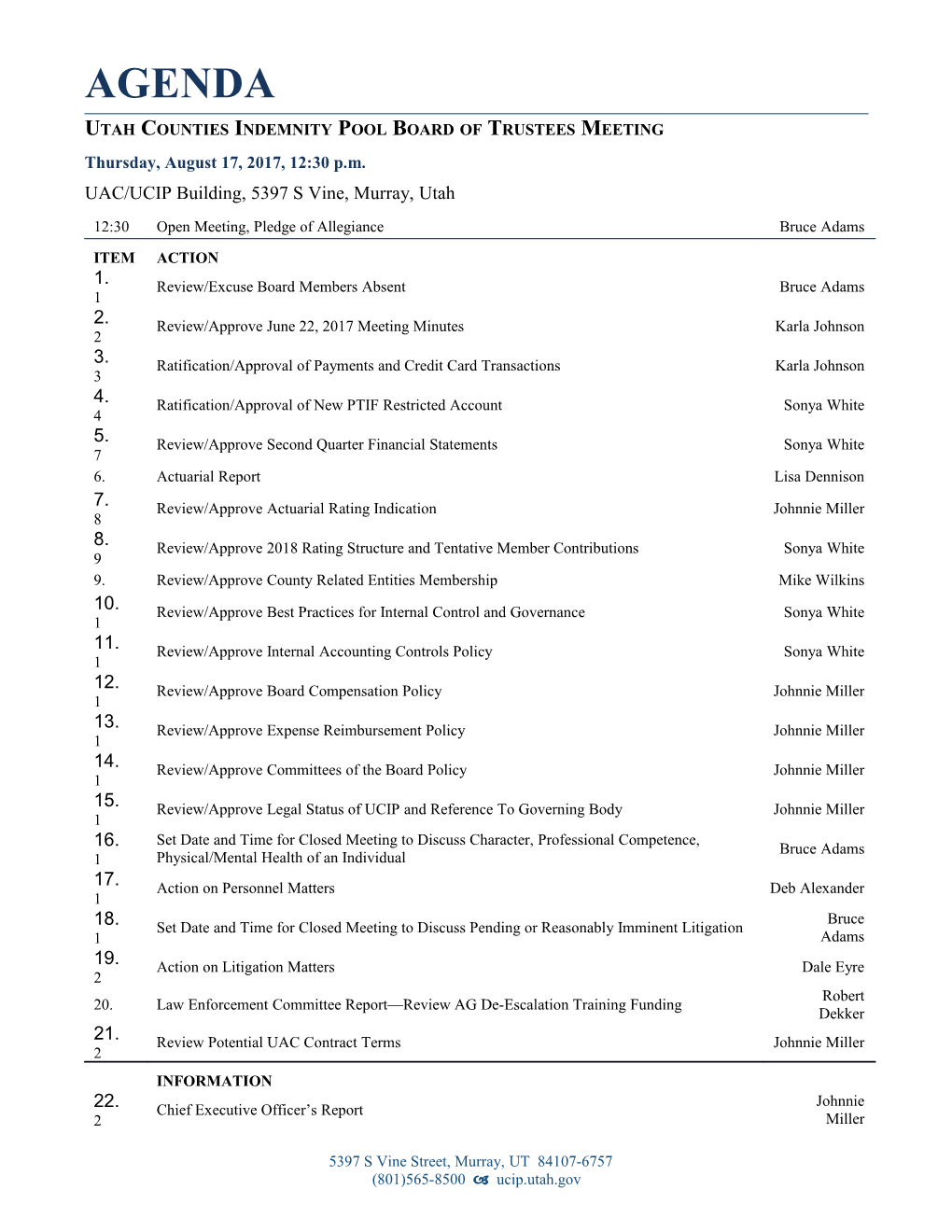 Utah Counties Indemnity Pool Board of Trustees Meeting