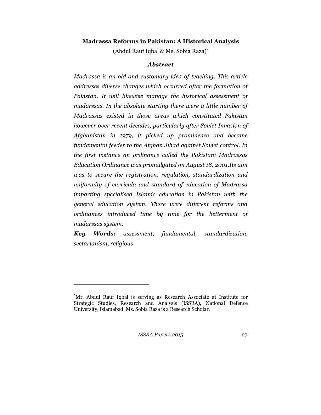 Madrassa Reforms in Pakistan: a Historical Analysis (Abdul Rauf Iqbal & Ms