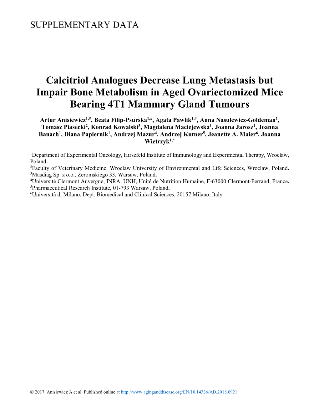 Calcitriol Analogues Decrease Lung Metastasis but Impair Bone Metabolism in Aged Ovariectomized Mice Bearing 4T1 Mammary Gland Tumours