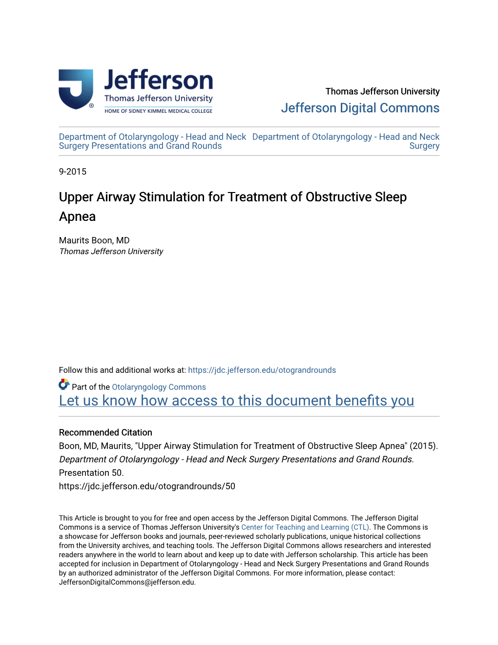 Upper Airway Stimulation for Treatment of Obstructive Sleep Apnea