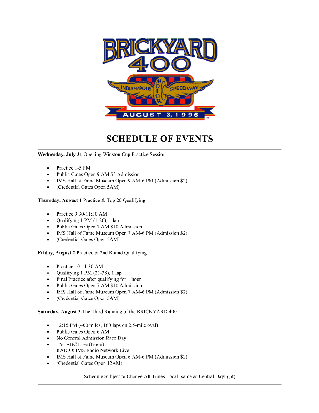 Schedule of Events