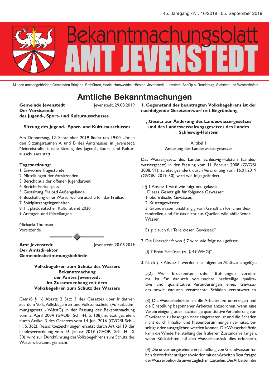 Amtliche Bekanntmachungen Gemeinde Jevenstedt Jevenstedt, 29.08.2019 1