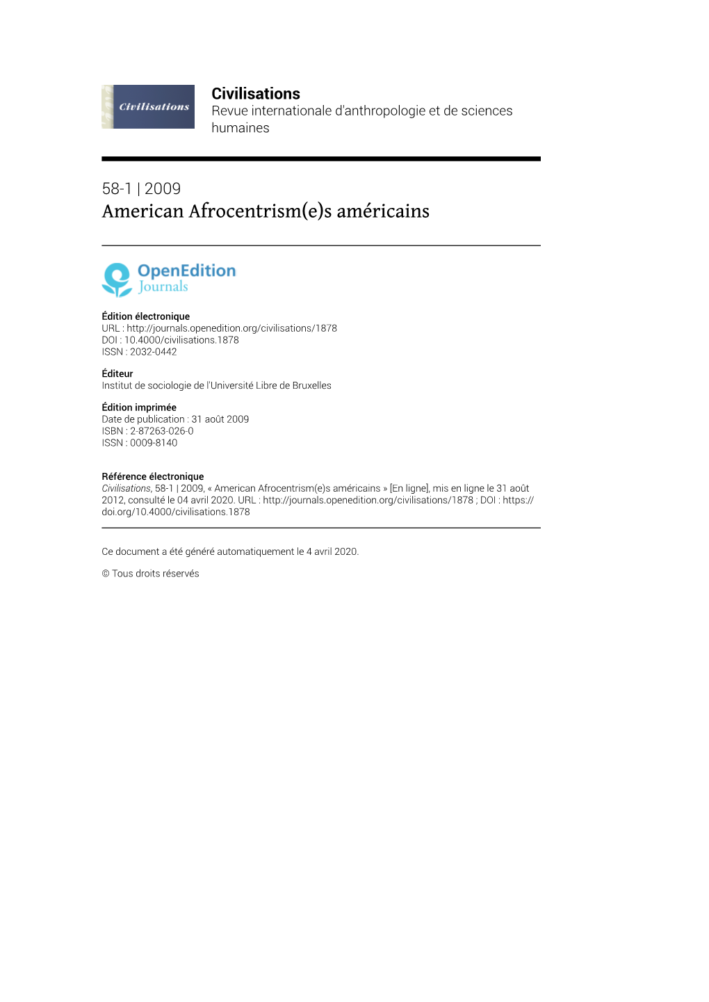 Civilisations, 58-1 | 2009, « American Afrocentrism(E)S Américains » [En Ligne], Mis En Ligne Le 31 Août 2012, Consulté Le 04 Avril 2020