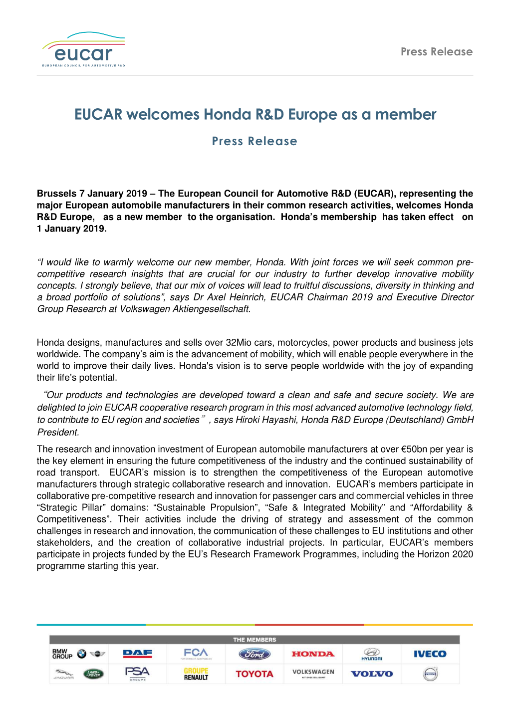 Press Release: EUCAR Welcomes Honda R&D Europe As a Member