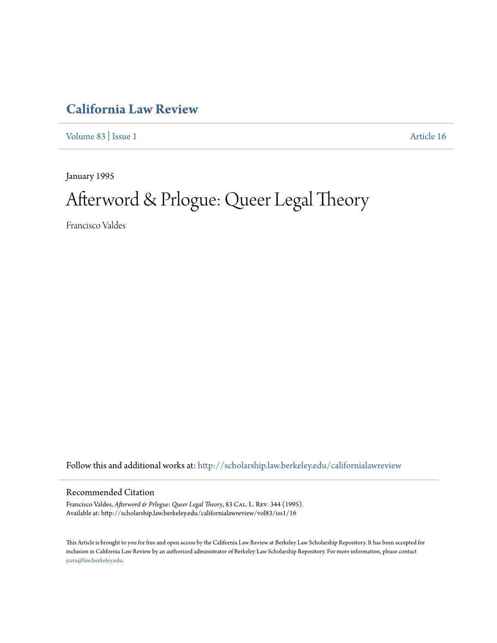 Afterword & Prlogue: Queer Legal Theory