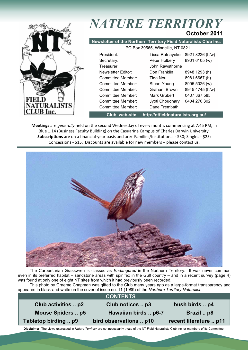 NATURE TERRITORY October 2011 Newsletter of the Northern Territory Field Naturalists Club Inc