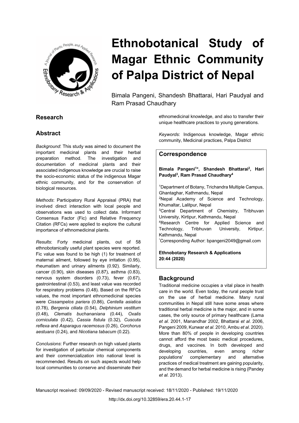 Ethnobotanical Study of Magar Ethnic Community of Palpa District of Nepal