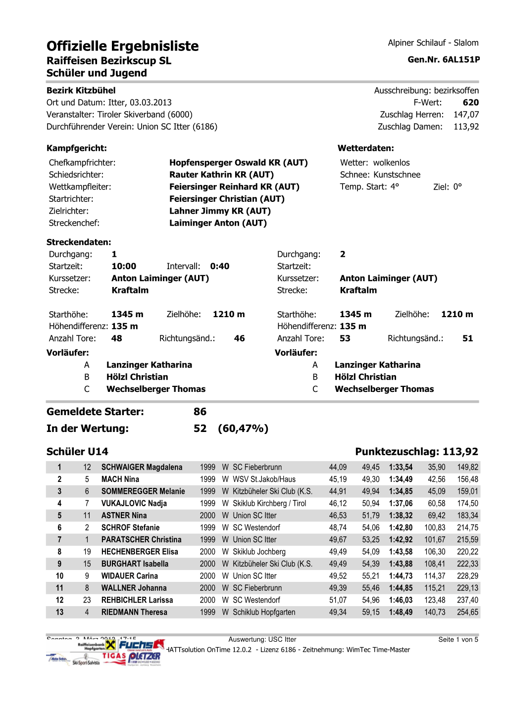 Ergebnisliste BC SL Schüler Itter 03.03.2013