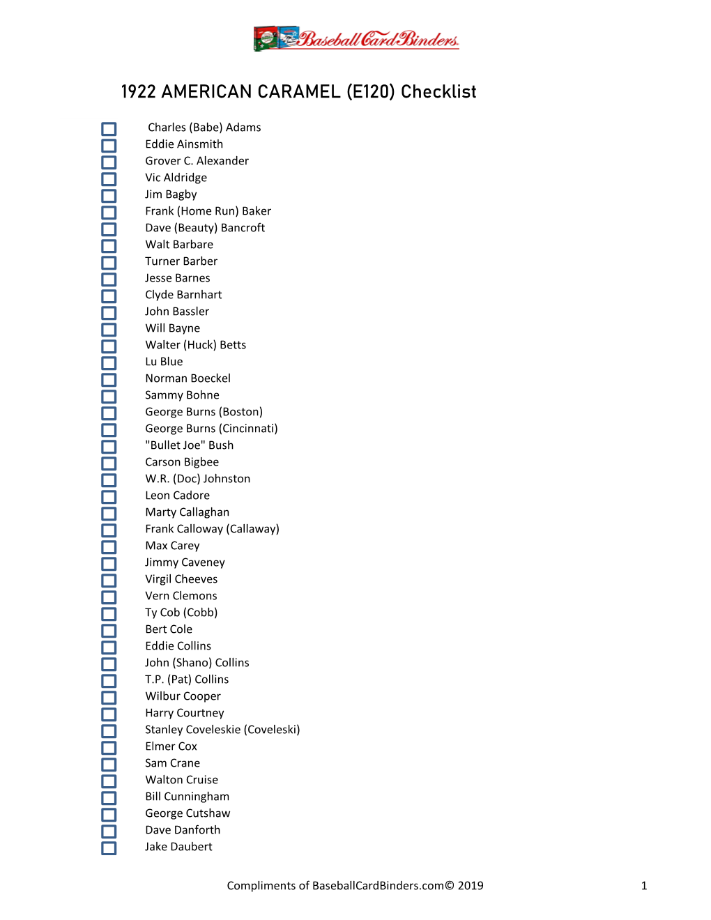 1922 AMERICAN CARAMEL (E120) Checklist