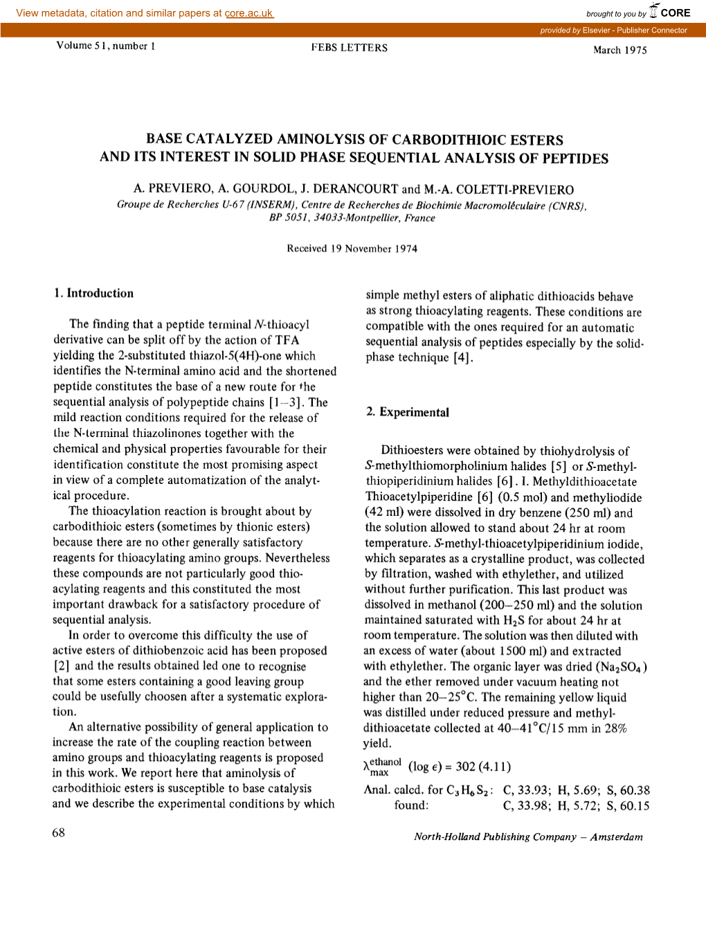 Base Catalyzed Aminolysis of Carbodithioic Esters and Its Interest in Solid Phase Sequential Analysis of Peptides