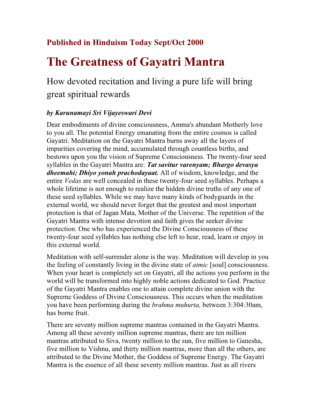 The Greatness of Gayatri Mantra