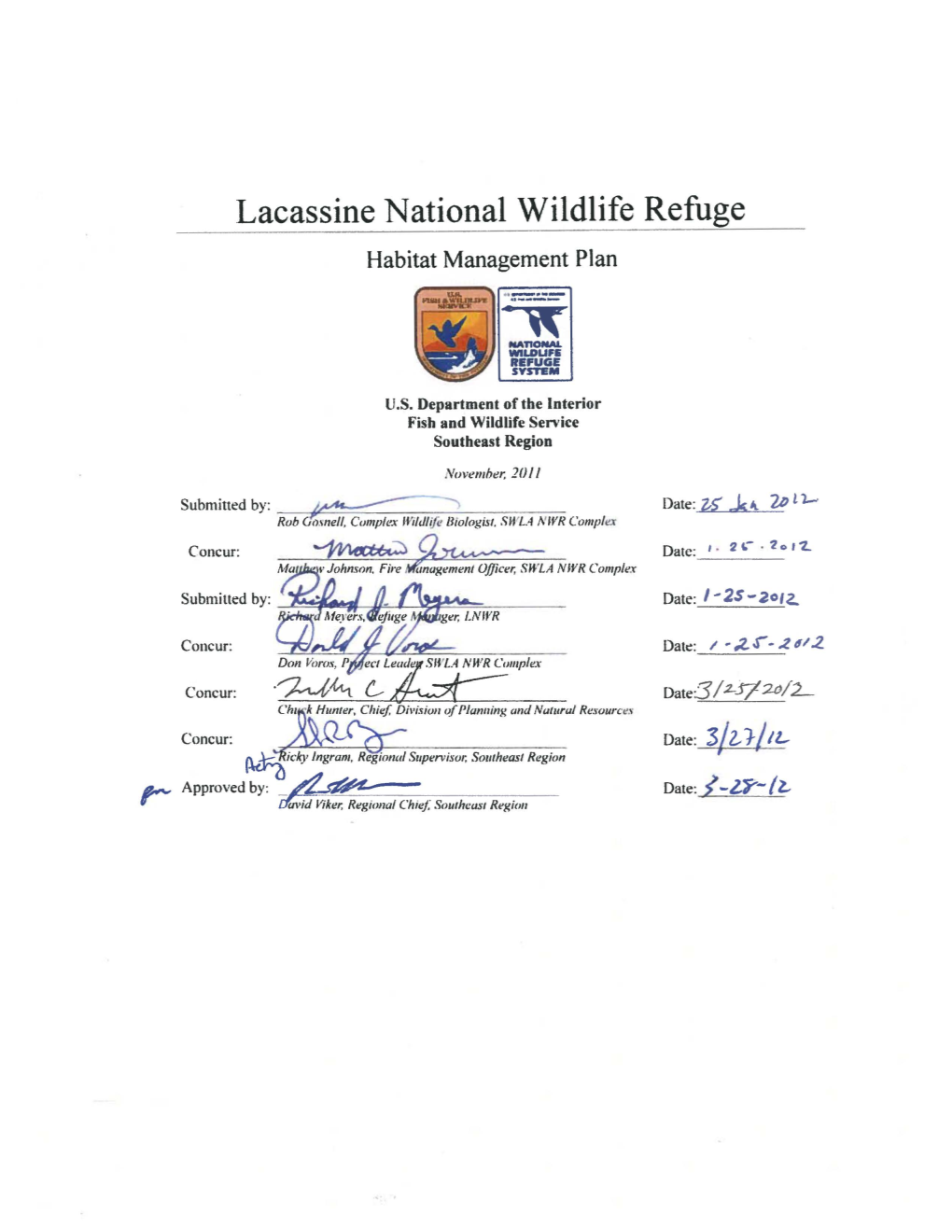 Lacassine National Wildlife Refuge Habitat Management Plan .\(